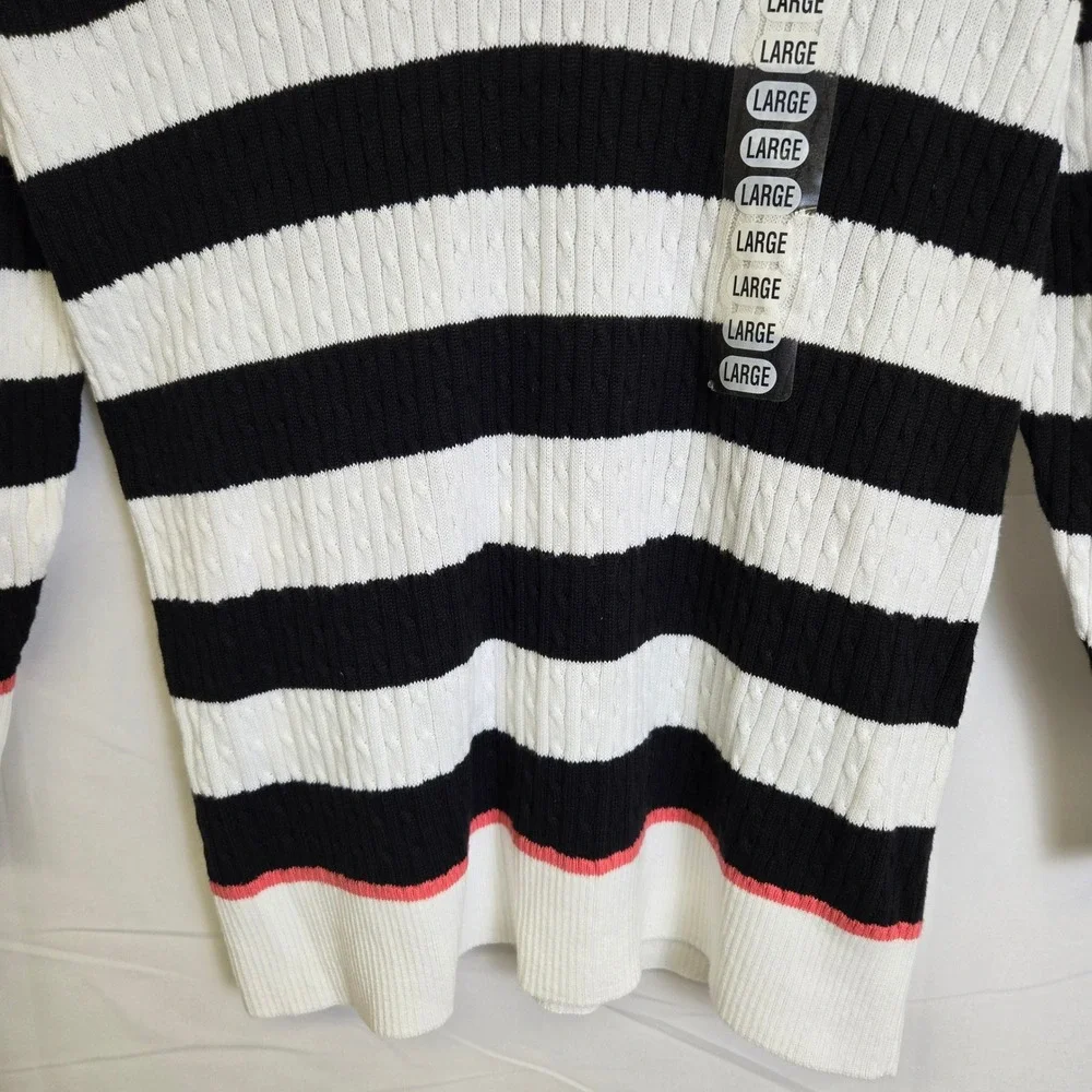 Pria‎ Striped Cable Knit Sweater, Preppy, 100% Cotton, Black White, Large, NWOT